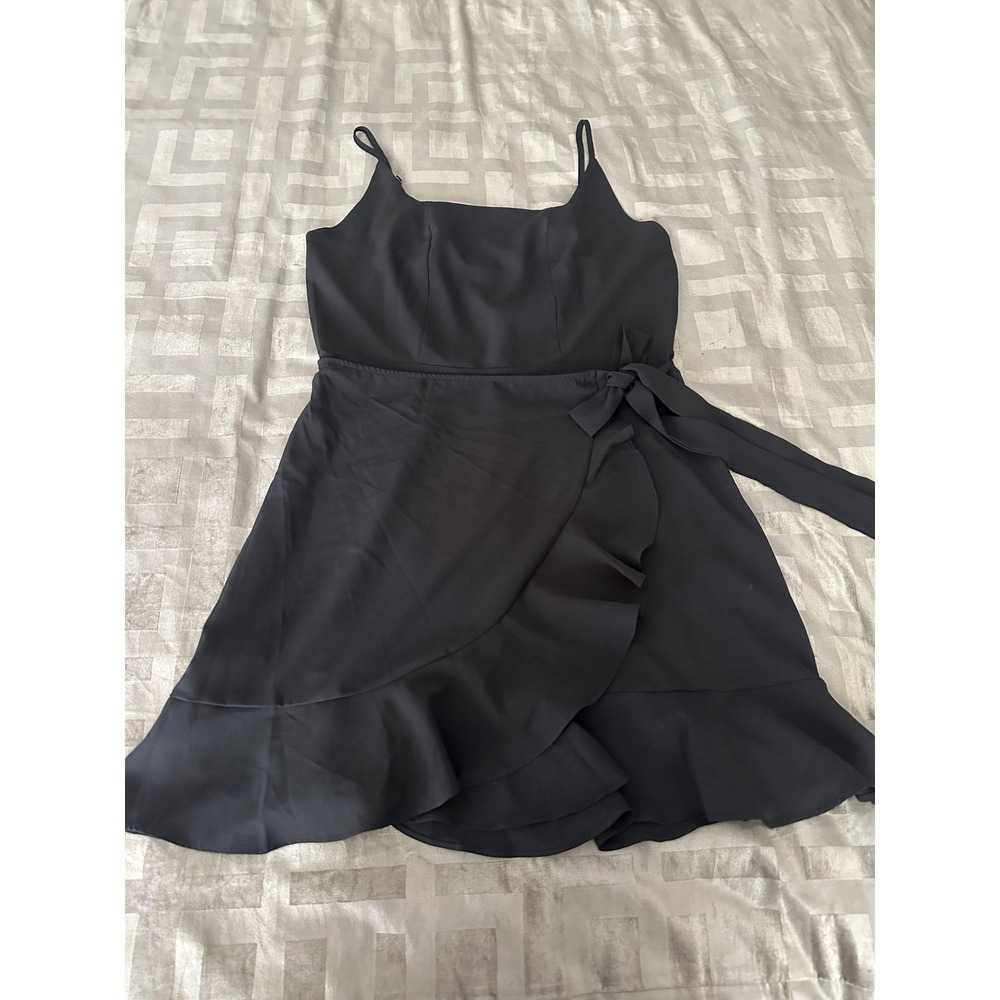 Black Wrap Dress Womens Large Ruffle Hem Spaghetti Strap Tie Waist Midi Party